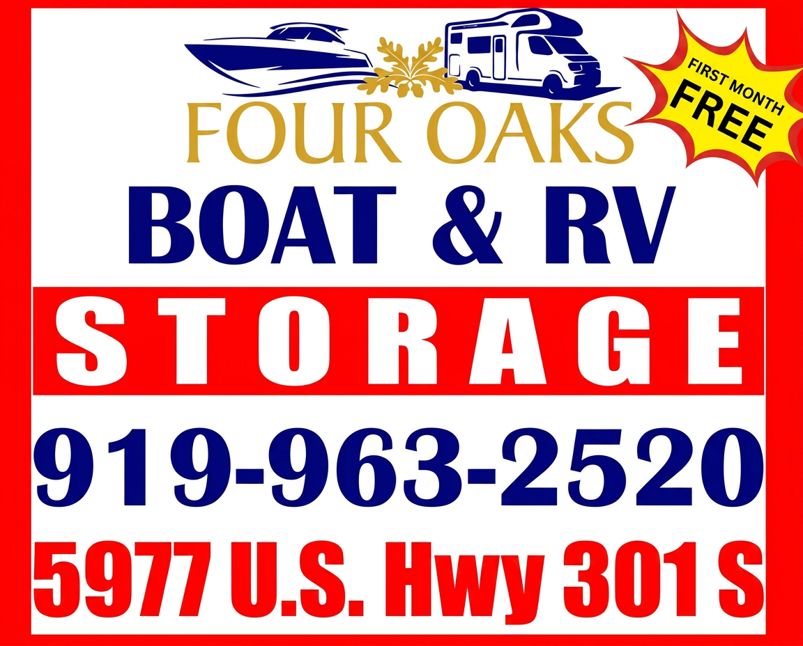 Four Oaks Boat & RV Storage sign: first month free, call 919-963-2520, 5977 U.S. Hwy 301 S