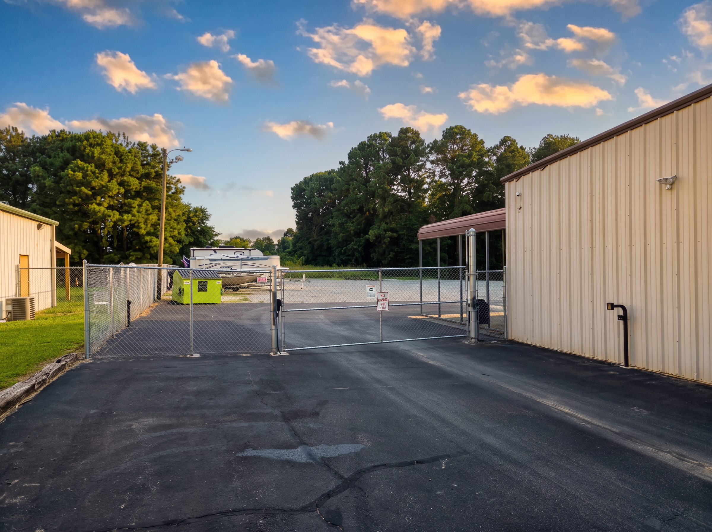 Gated entrance to the Four Oaks Boat & RV Storage lot